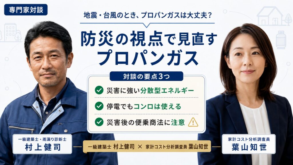 防災の視点で見るプロパンガス｜一級建築士 村上健司と家計コスト分析調査員 葉山知世が災害時の注意点を解説する専門家対談のインフォグラフィック