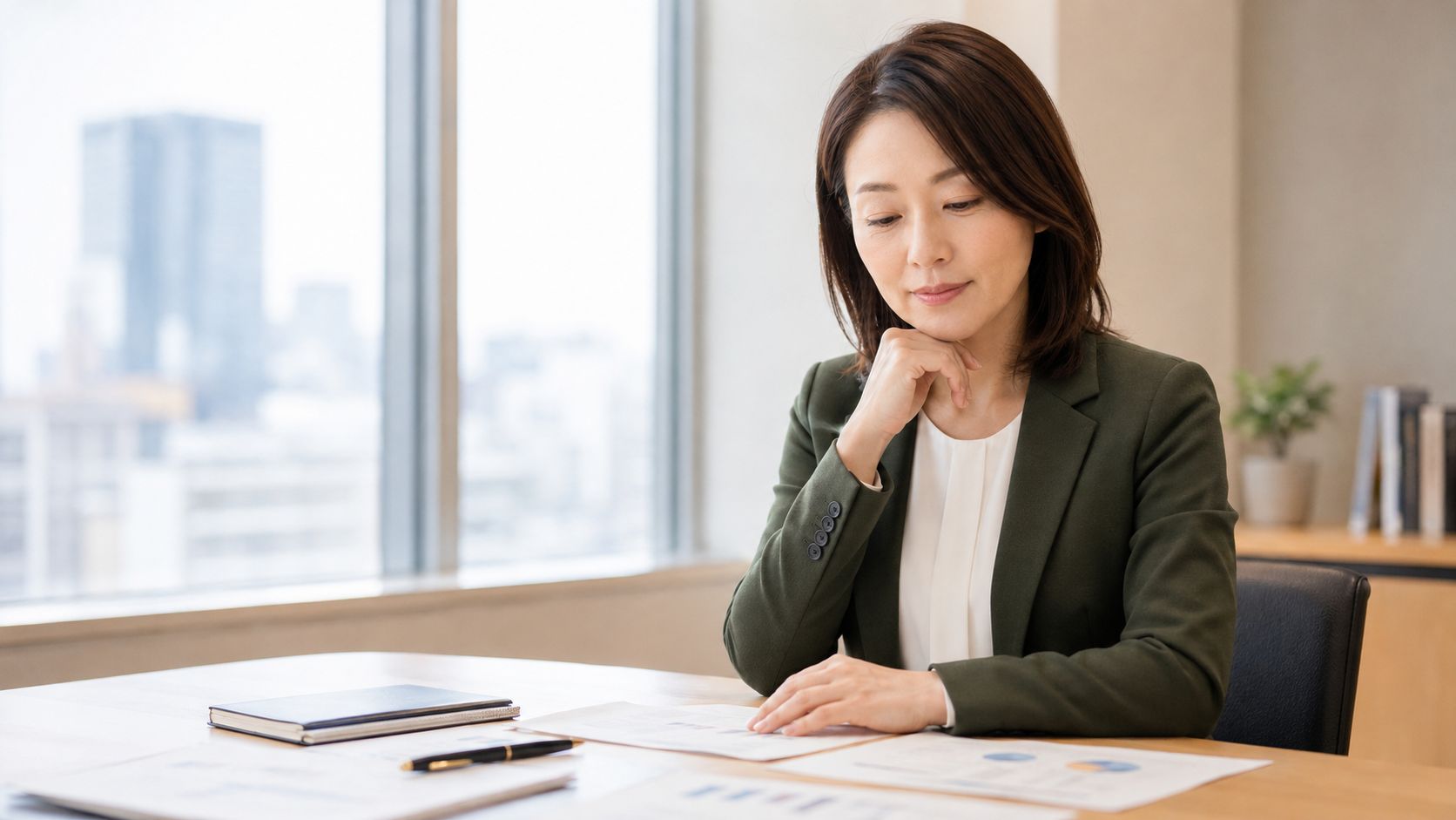家計コスト分析調査員 葉山知世がデスクで資料を確認している様子