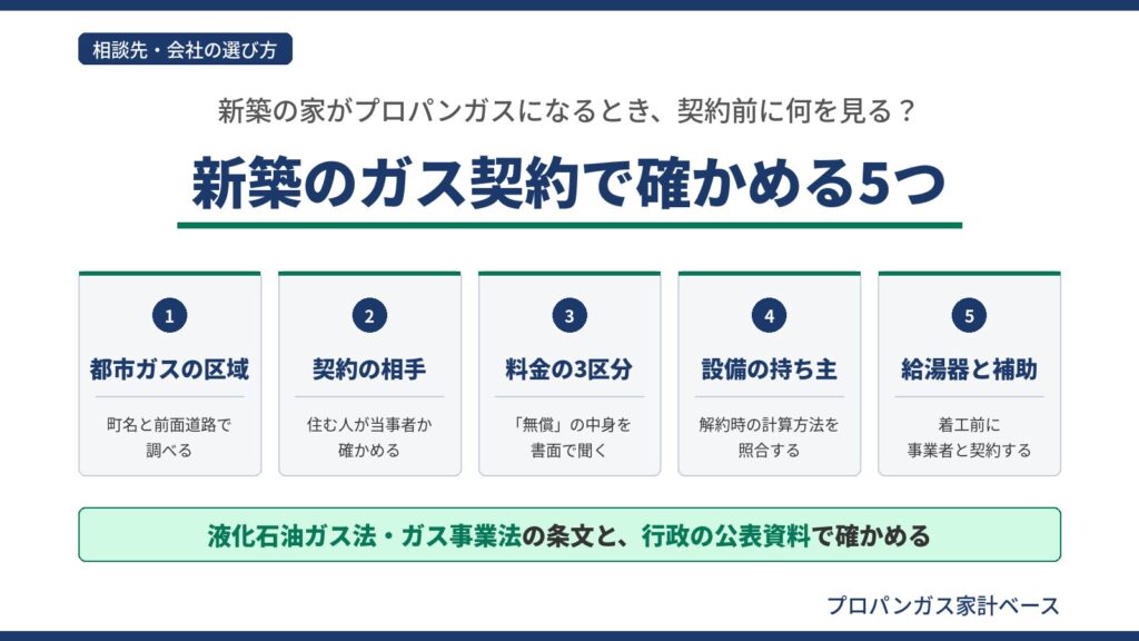 新築のプロパンガス契約で確かめる5つを、都市ガスの区域・契約の相手・料金の3区分・設備の持ち主・給湯器と補助の5枚のカードで示した図