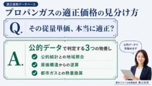 プロパンガスの従量単価が適正かを、公的統計との地域照合・原価構造からの逆算・都市ガスとの熱量換算の3つの物差しで判定する方法を示した図