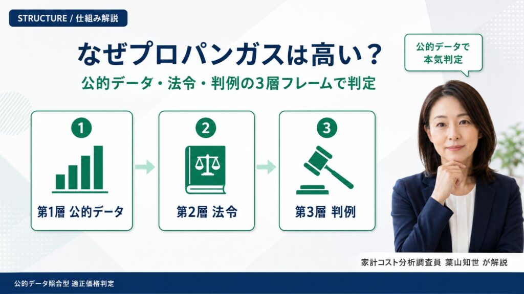 家計コスト分析調査員 葉山知世がプロパンガス料金の高さを公的データ・法令・判例の3層フレームで判定する手順を解説するアイキャッチ画像